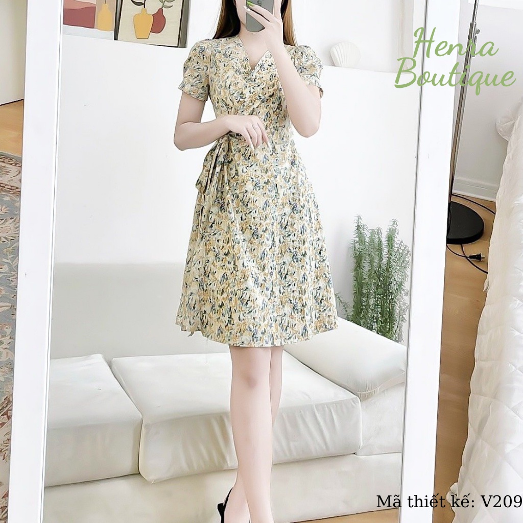 Đầm hoa nhí V199 Henra, kiểu dáng midi, thanh lịch, tôn dáng, tôn da