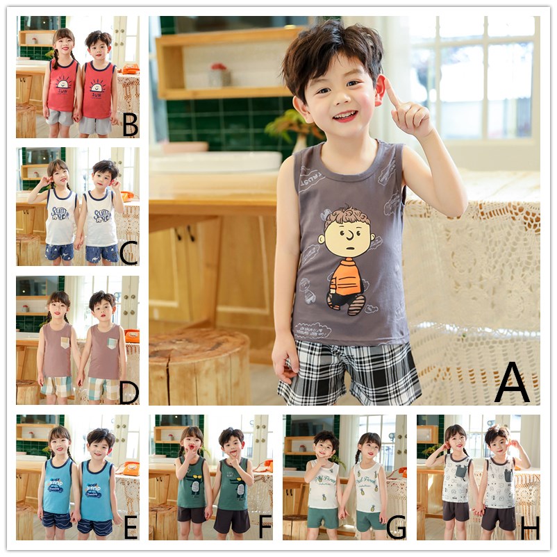 Bộ áo thun cotton sát nách + quần short phong cách thời trang mùa hè cho bé