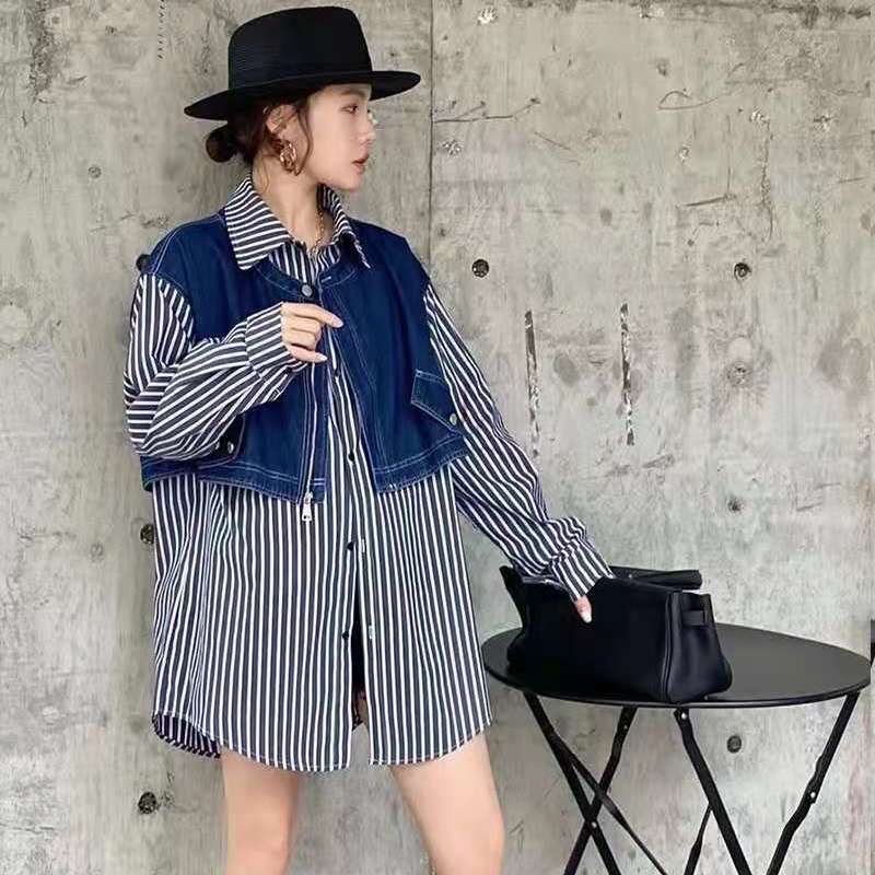 IELGY Áo sơ mi tay dài họa tiết kẻ sọc phong cách retro hong kong cho nữ