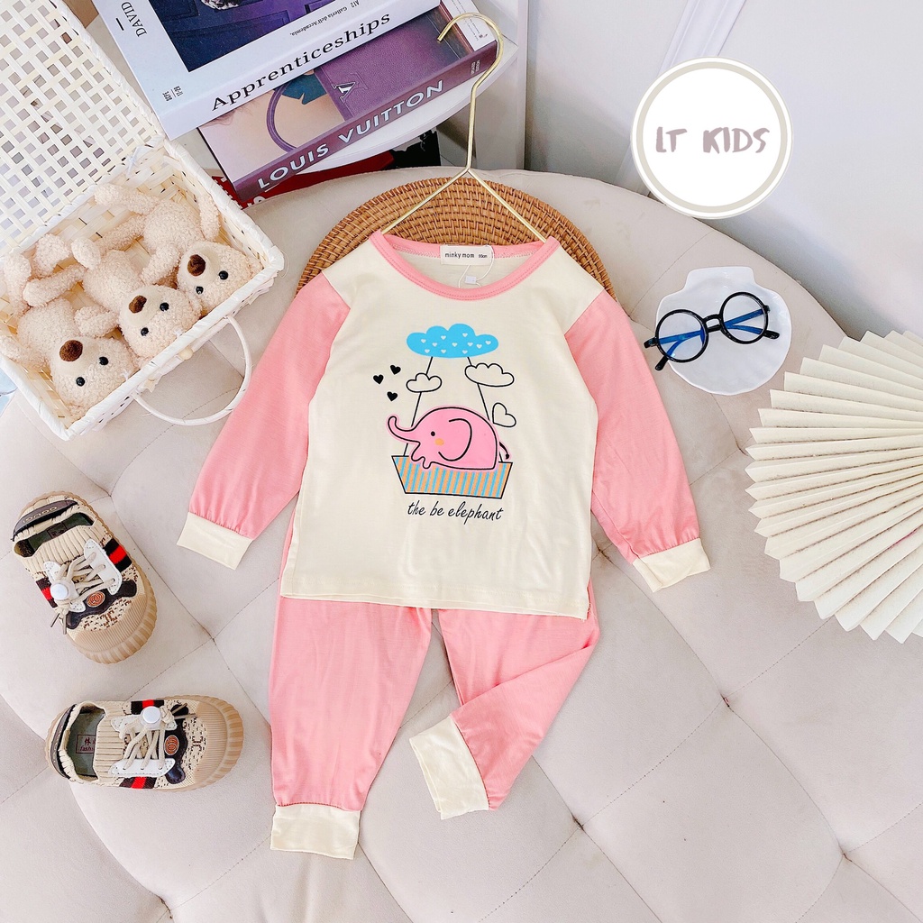 Bộ Thun Dài Bé Trai Bé Gái Vải Thun Lạnh Xuất Hàn In Hình Con Voi , Quần Áo Thun Trẻ Em Dài Tay Thu Đông Minky Mom