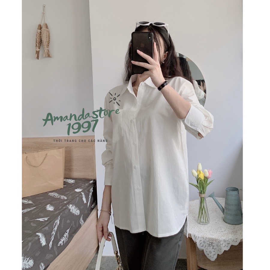 [Mã FAMARAL1 giảm 10K đơn 50K] {Amanda}Áo sơ mi nữ dài tay basic dáng rộng túi ngực chất thô 3 màu trắng be xanh HOTHIT