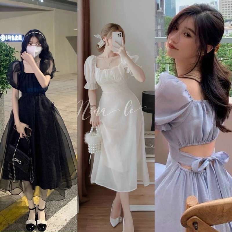 Đầm midi trắng xếp ly nhún ngực tay bồng vintage