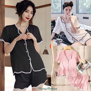 Bộ Pyjama Nữ Lụa Viền Cao Cấp Size 38-67Kg. Set Ngủ Tay Ngắn Quần Đùi Lụa Hàn Mềm Mại, Thoáng Mát