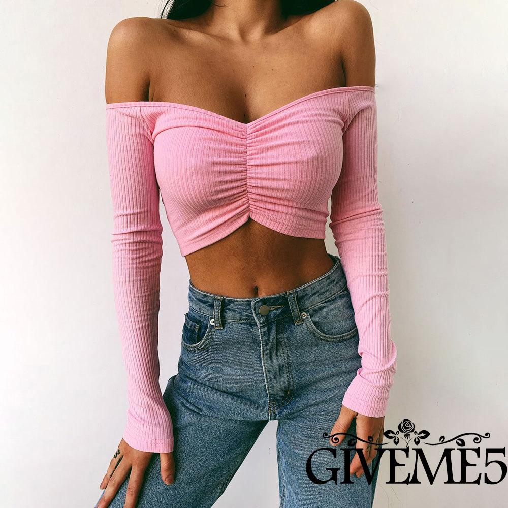 Áo Dệt Kim Tay Dài Hở Vai Gợi Cảm Cho Nữ