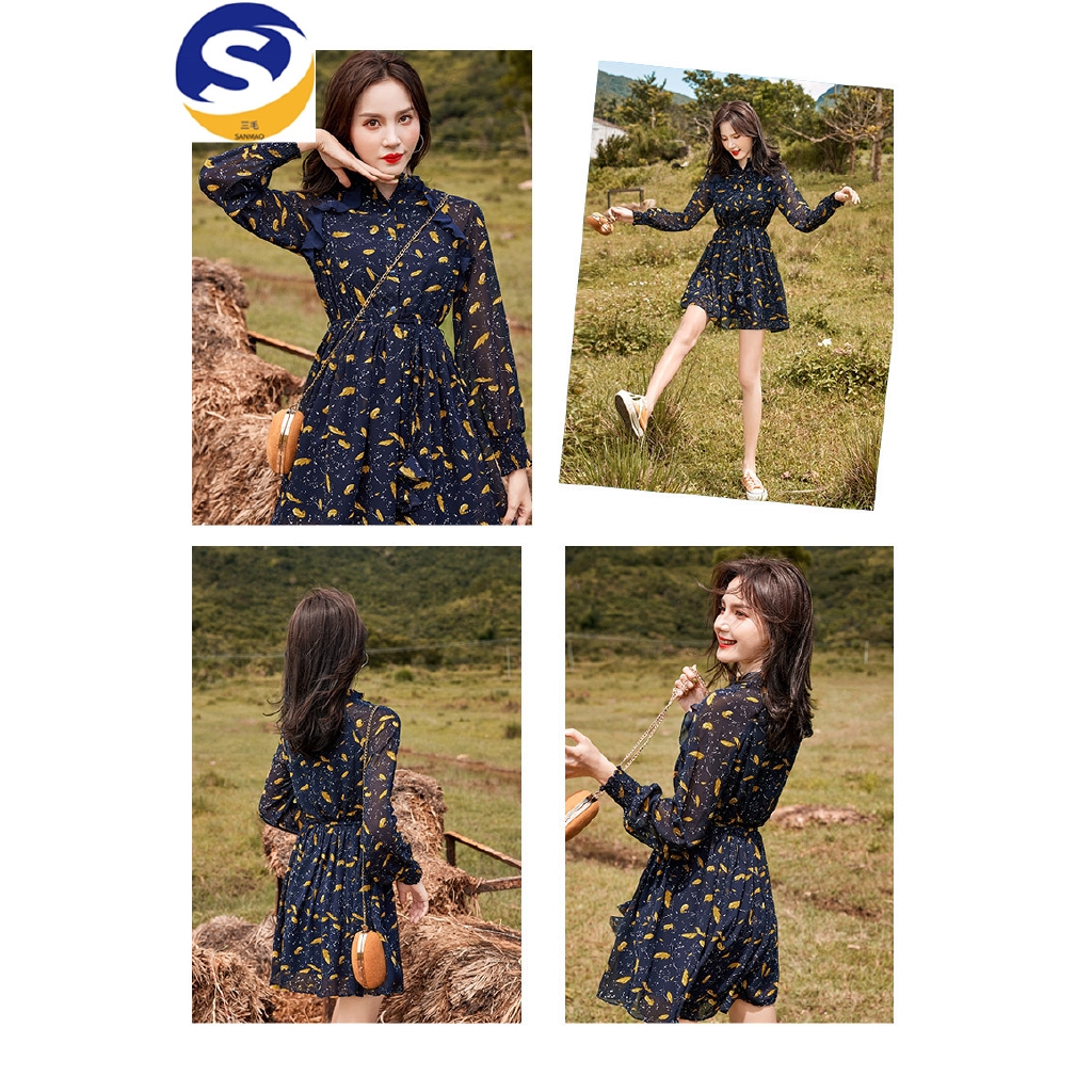 Đầm Voan Dài Tay In Họa Tiết Xinh Xắn Theo Phong Cách Hàn Quốc Dành Cho Nữ | BigBuy360 - bigbuy360.vn