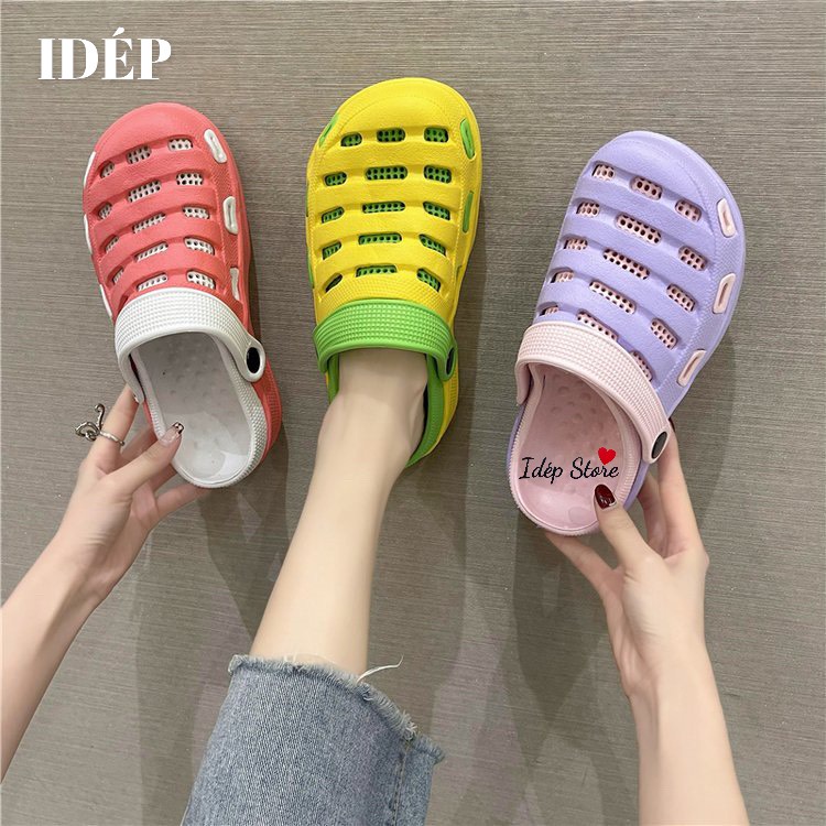 Dép sục Crocs lưới lỗ 2 lớp đúc siêu nhẹ đi mưa bít mũi nữ iDÉP- SL036