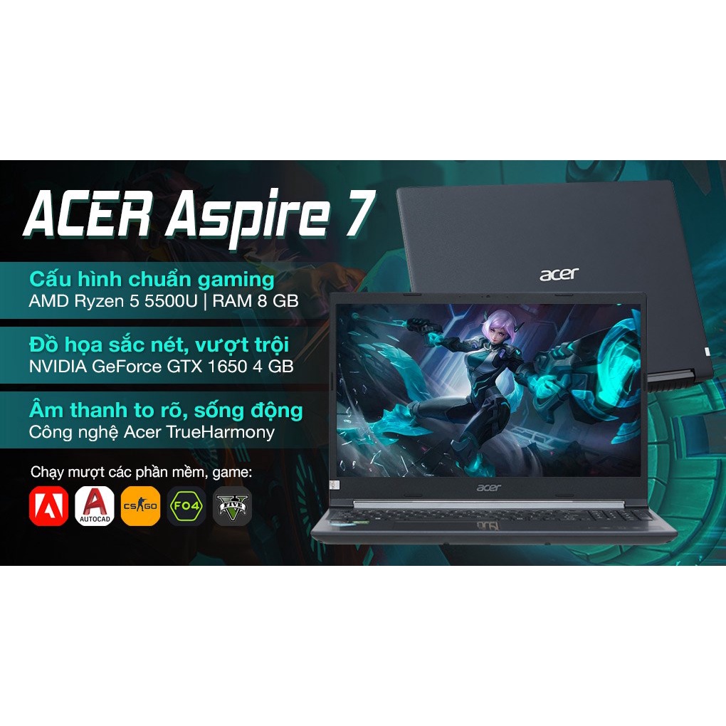 Laptop Acer Aspire A715-42G-R05G (R5-5500U/8GD4/512GB SSD_PCIe/15.6FHD144Hz/IPS/3C/Đen/W11SL/4GD6_GTX1650) - BH 12 THÁNG