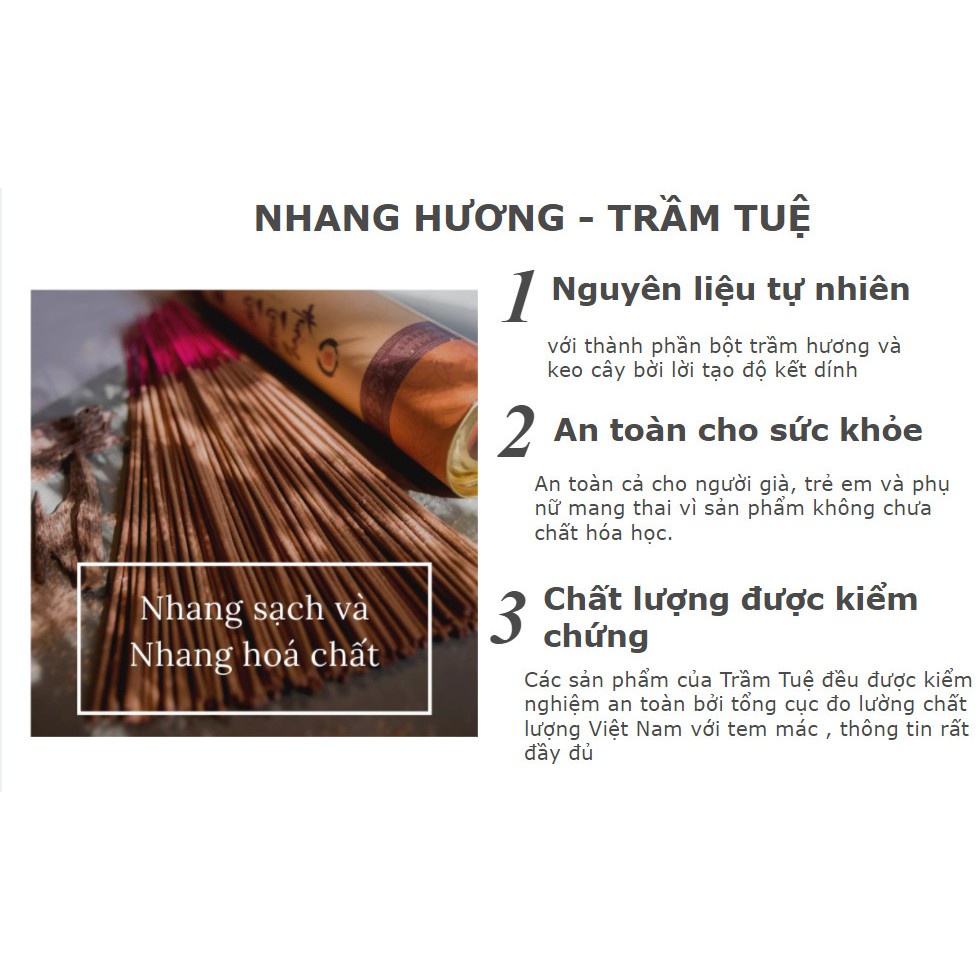 Nhang sạch trầm hương cao cấp Trầm Tuệ không hóa chất, ít khói, không cuốn tàn, hương thơm thanh nhẹ dịu ngọt – hộp 250