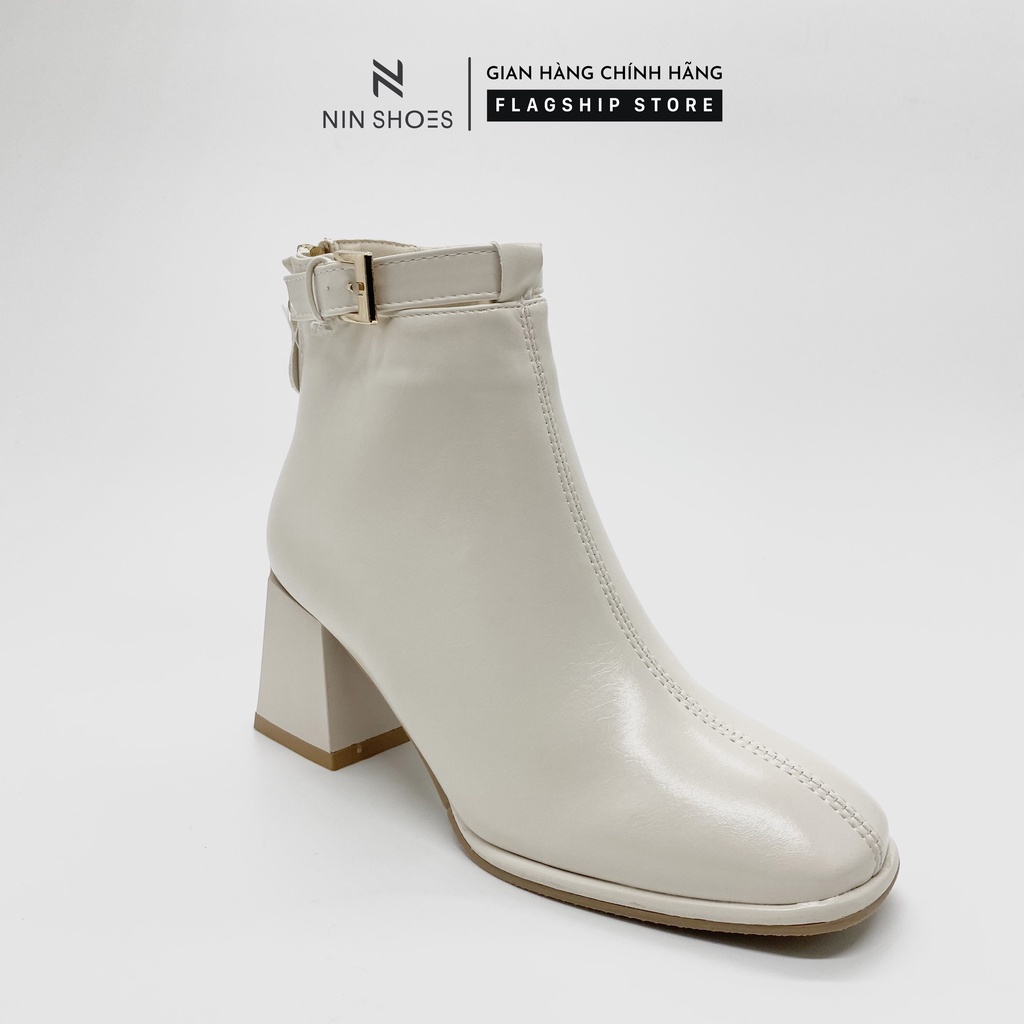 Giày boot nữ cao 5p gót vuông khóa giả kéo khóa hông da si cổ thấp Ninshoes | BigBuy360 - bigbuy360.vn