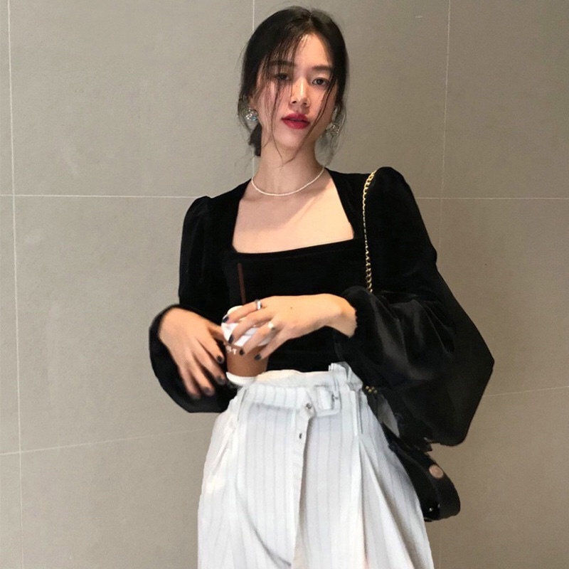 Áo nhung cổ vuông tay phồng tiểu thư phong cách hàn quốc