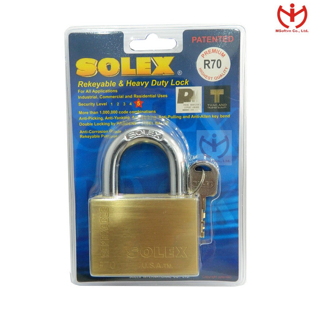 [Hỏa tốc HCM] Ổ khóa Solex R70 thân đồng rộng 70mm chìa vuông - MSOFT