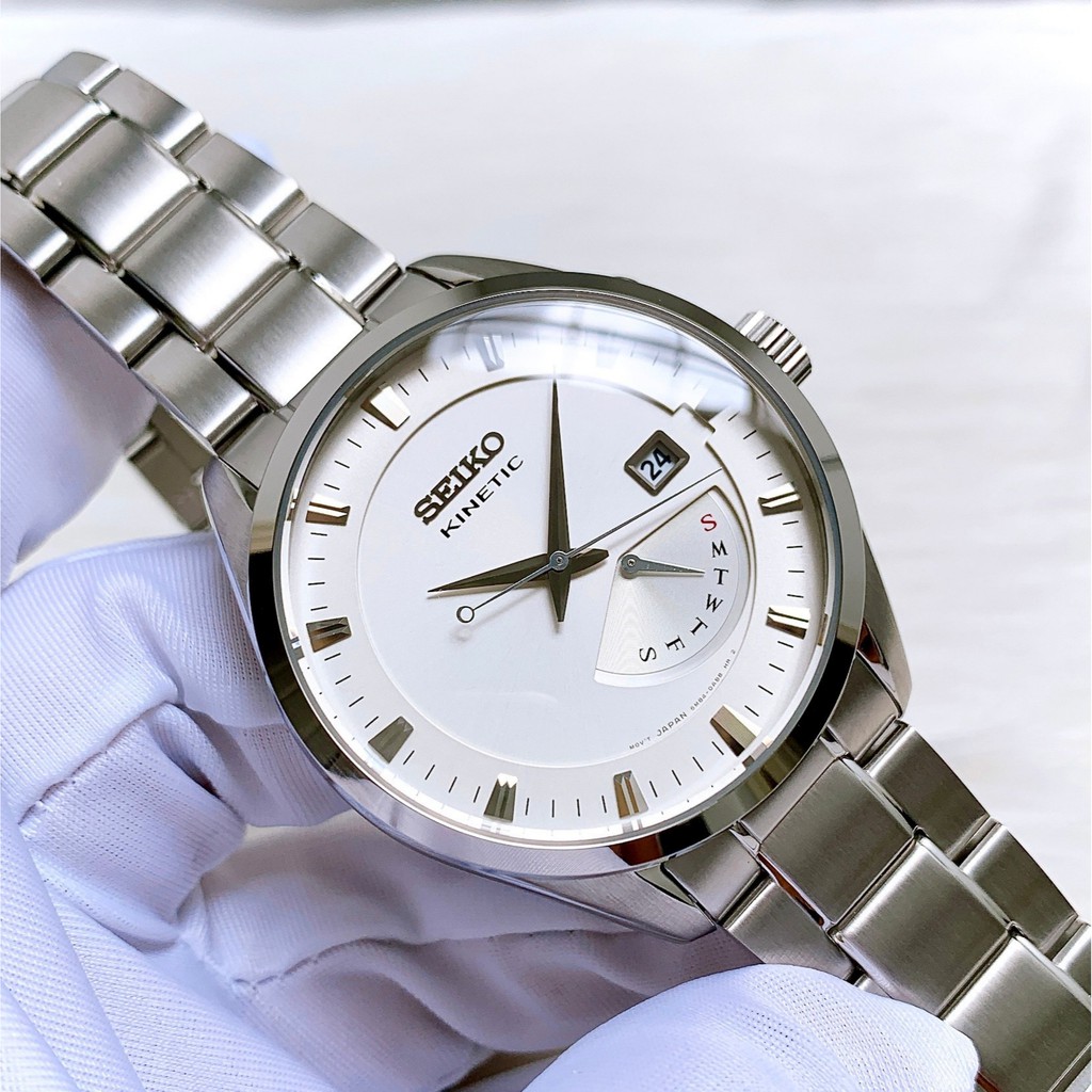 Đồng hồ Nam chính hãng Seiko Kinetic SRN043P1 Automatic Size 42,Mặt trắng,Lịch-Máy cơ bán tự động-Dây kim loại cao cấp
