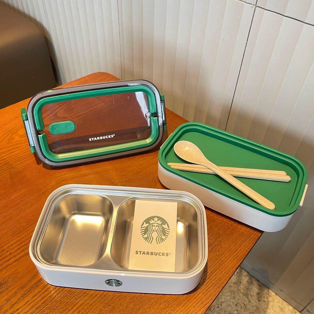 Hộp cơm văn phòng Starbuck 2 tầng chất liệu Inox 304 chia ngăn, Hộp cơm văn phòng giữ nhiệt kèm đũa thìa