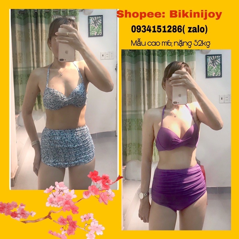 Bikini 2 mảnh ♥️ FREESHIP♥️ quần cạp cao nhún hoa tím phối màu dễ thương