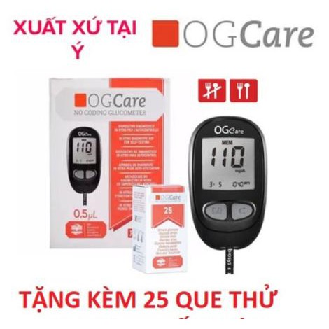 Máy đo đường huyết Ogcare, Tặng kèm 25 Que, 25 Kim và 25 bông Cồn