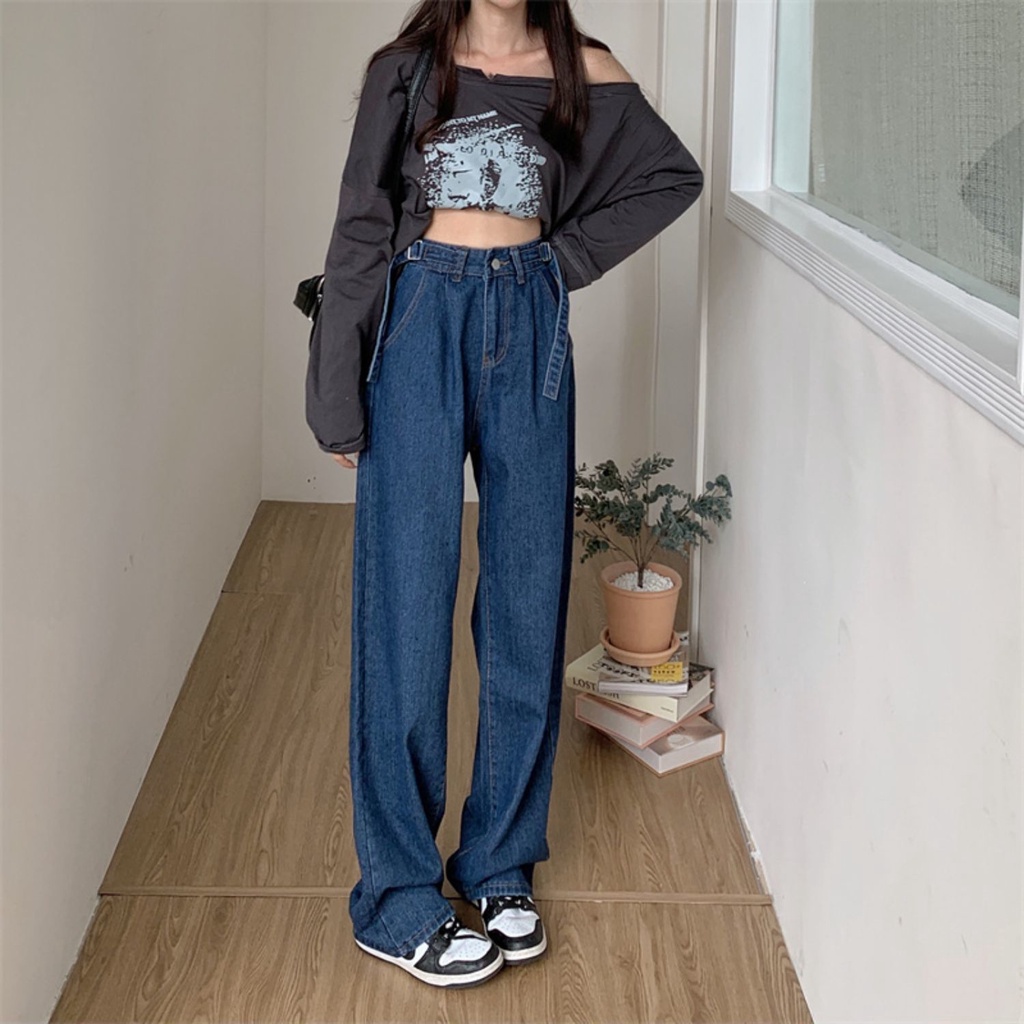 Quần Jeans Nữ Lưng Cao Ống Rộng Thiết Kế Mới Thời Trang Theo Phong Cách Hàn Quốc