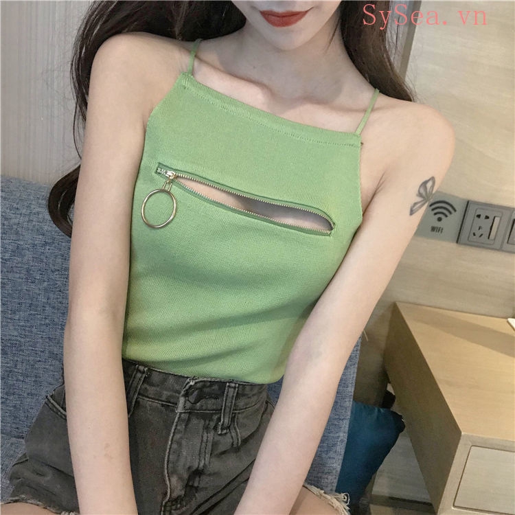 Áo dây dáng ôm phối khóa kéo thời trang quyến rũ cho nữ