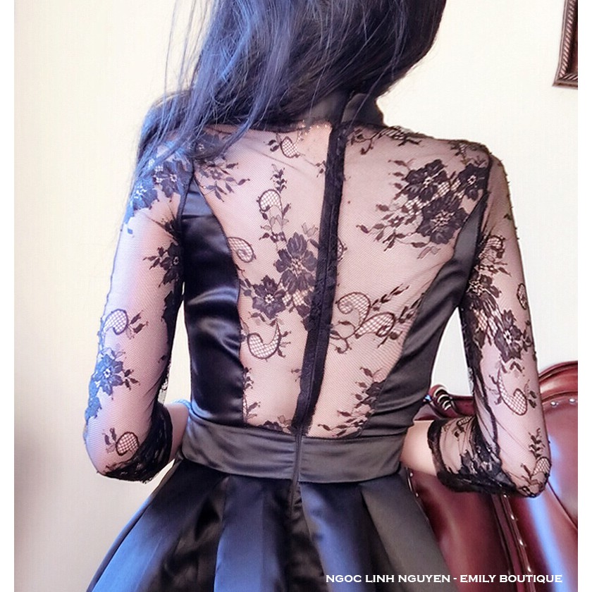 Đầm dáng xòe mini tay lưới dài Emilyshop