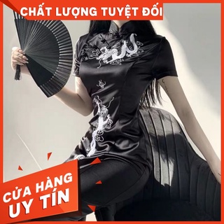 Sườn Xám Dáng Dài Đen Thêu Rồng Trắng