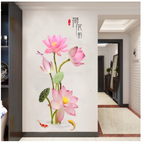 Decal giấy dán tường mẫu Hoa Sen Hông tươi trang nhã đẹp