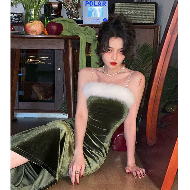 Hàng Có Sẵn!F &amp; X Đầm Nhung Hai Dây Dài Đến Giữa Bắp Chân Dáng Chữ A Màu Rượu Vang Phong Cách Pháp Cổ Điển Thời Trang Mùa Xuân Dành Cho Bạn Nữ