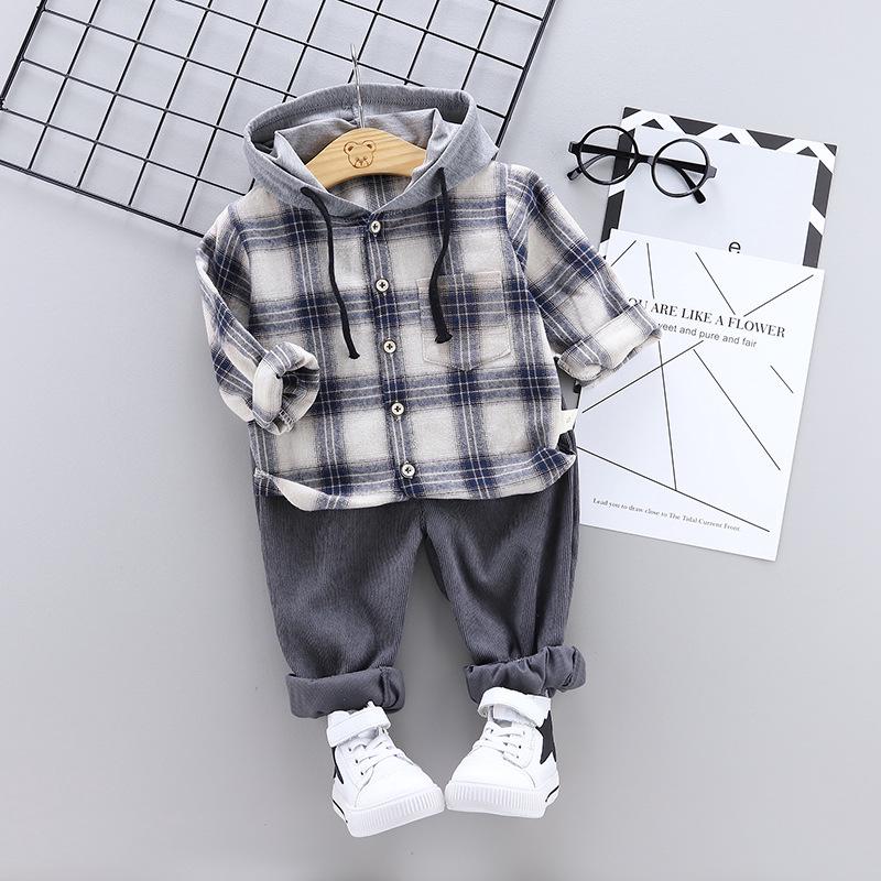 Set áo khoác có mũ trùm đầu kẻ sọc ca rô + quần dài đáng yêu cho bé trai