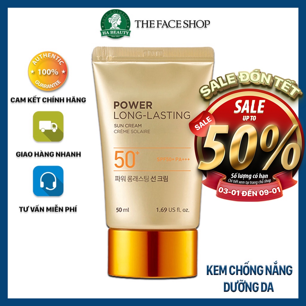 Kem chống nắng dưỡng da The Face Shop Hà Beauty trang điểm lâu trôi Natural Sun Eco Power Long Lasting SPF50+PA+++ 50ml