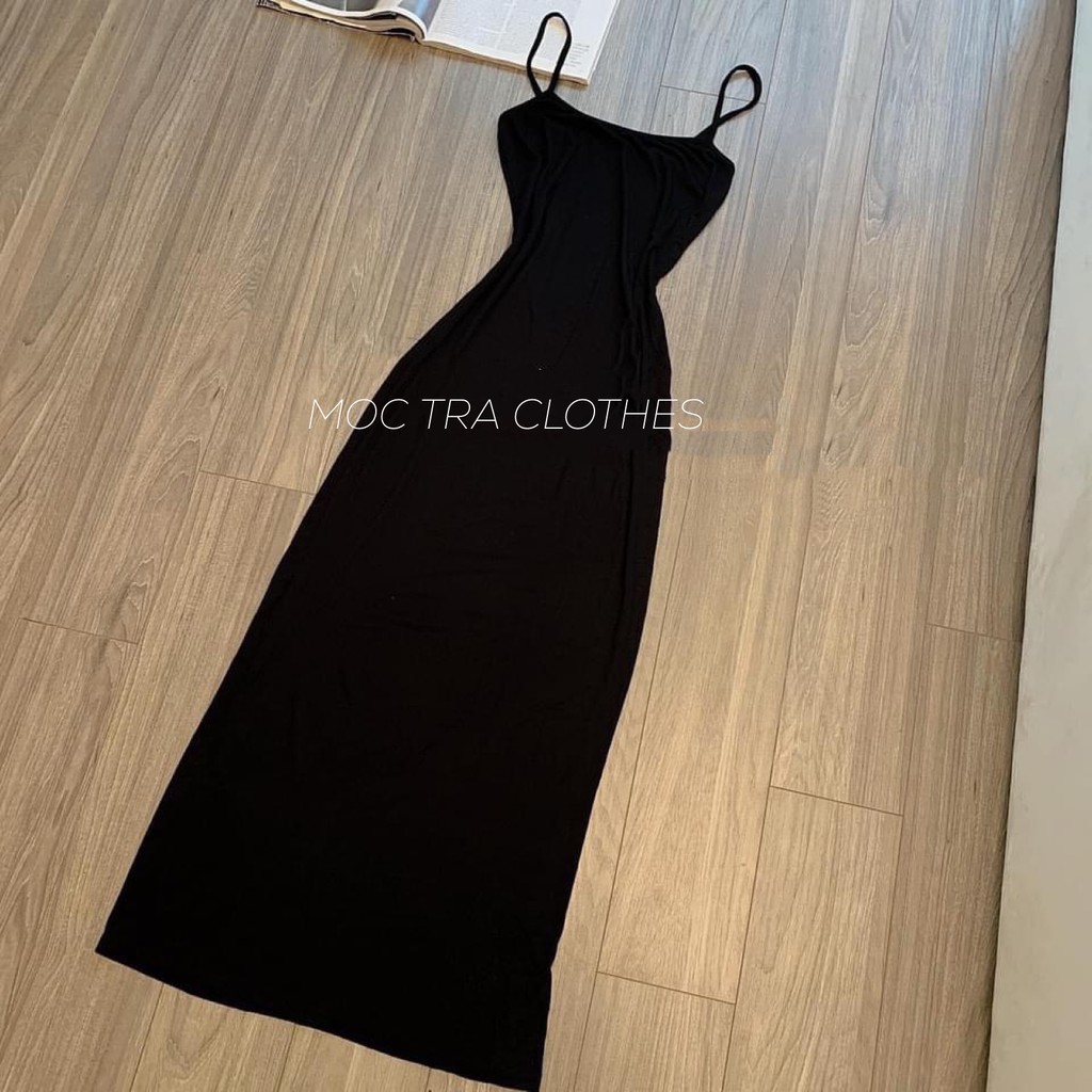 Váy nữ maxi dài thiết kế 2 dây xòe nhẹ chất thun tăm co dãn, Đầm hai dây nữ dự tiệc rẻ đẹp