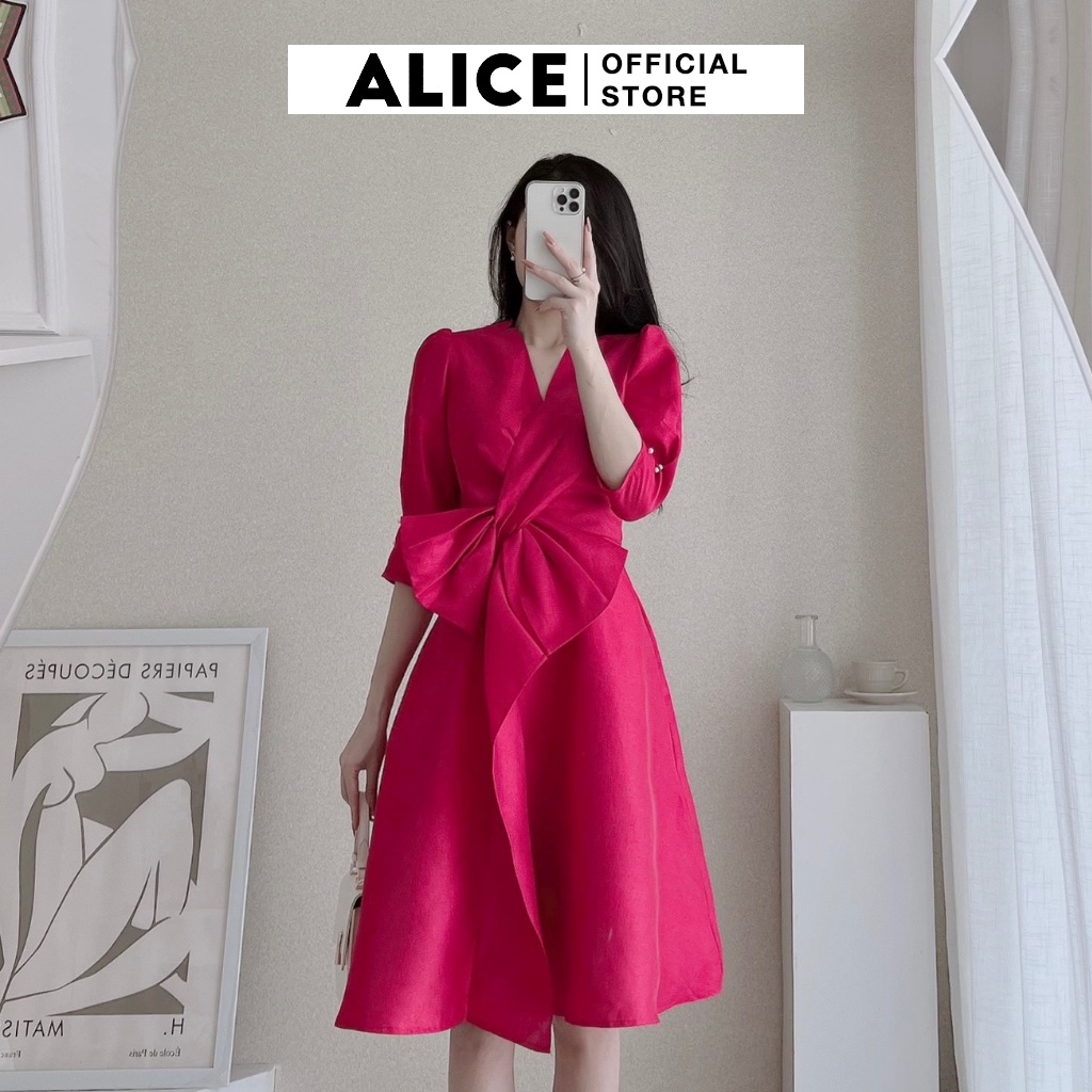 Váy Dáng Xòe Dự Tiệc ALICE Chất Tafta Nhũ Cao Cấp Lót Lụa Thiết Kế Vạt Chéo Thắt Nơ Duyên Dáng V753