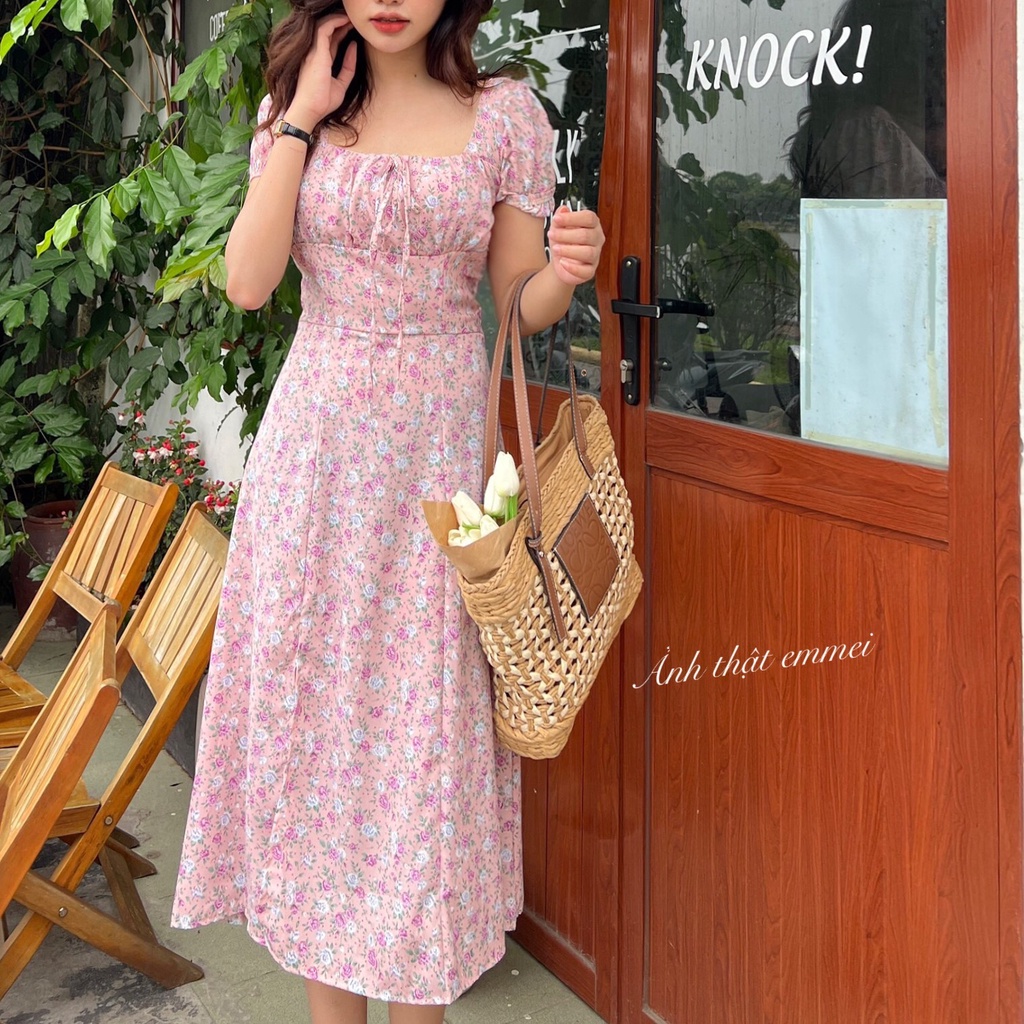 Đầm hoa nhí vintage, Đầm hoa cổ vuông xẻ tà Emmei v84