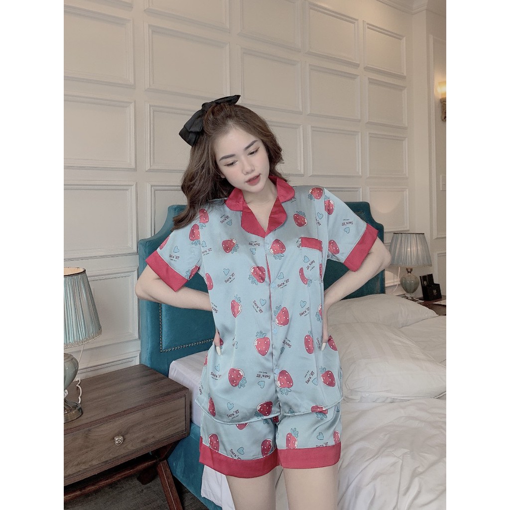 Đồ ngủ Vic's tay ngắn quần cộc lụa Latin kiểu pijama- Bộ đồ mặc nhà hoạ tiết sang trọng L210