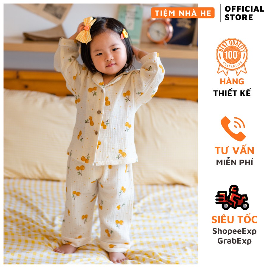 Bộ Đồ Ngủ Pijama Cho Bé Gái Tiệm Nhà He Set Quần Áo Trẻ Em Dài Tay Mặc Nhà Chất Muslin Cao Cấp