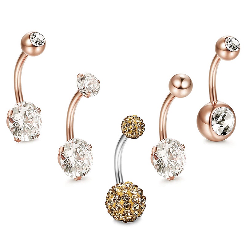 Set 5 Khuyên Rốn Thép Không Gỉ Đính Đá Pha Lê