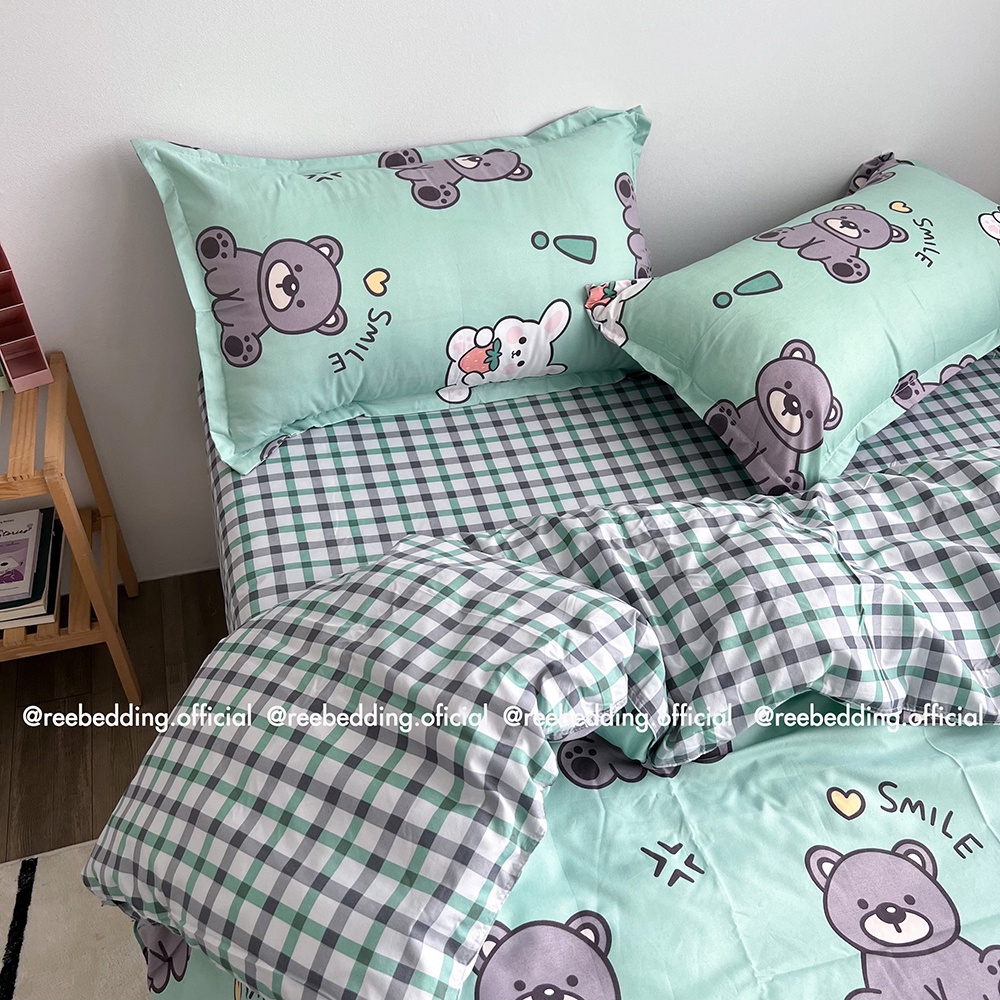 Bộ chăn ga gối Poly Cotton REE Bedding gấu xanh mint size giường nệm PLC155