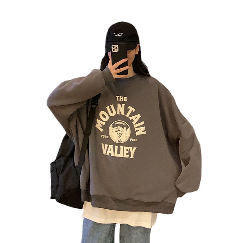 SUXI Áo Nỉ Tay Dài Cổ Tròn In Chữ Phong Cách Hàn Quốc