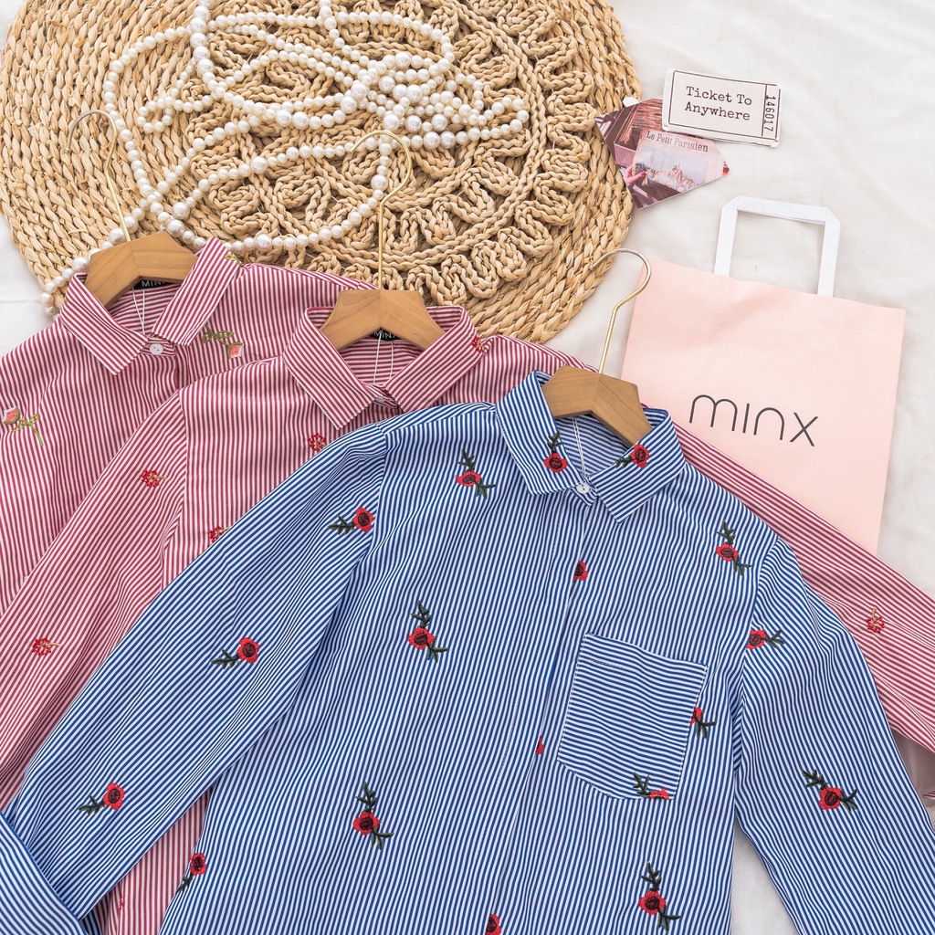 MINX - Áo Flower Embroi Strip Shirt