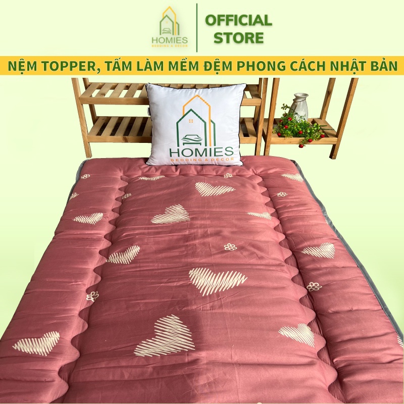 KÈM TÚI XÁCH - Topper Nệm Bông Xuất Nhật HOMIES Bedding &amp; Décor cao cấp , Đệm Topper Tim Kẻ Hồng Nằm Văn Phòng