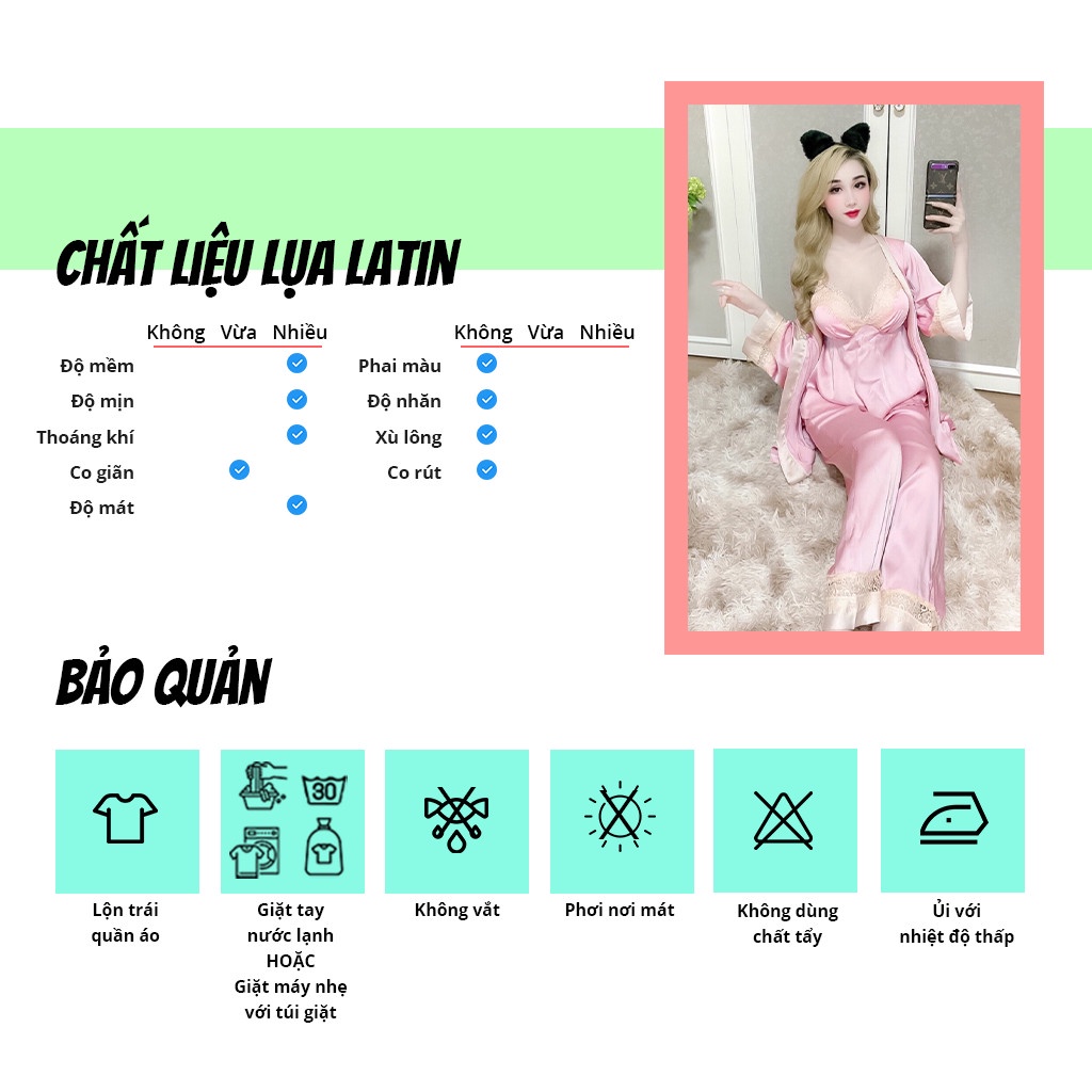 Set đồ ngủ SBORG bộ ngủ lụa latin áo 2 dây mút ngực dún chỉ quần dài viền ren phối áo khoác tay lửng sexy freesize 60kg