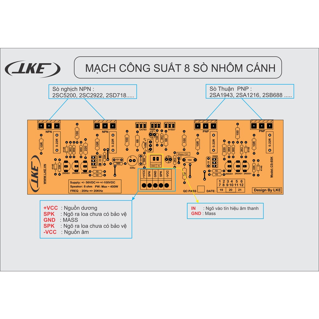 1 Cặp mạch công suất 8 sò San-ken nhôm cánh Fip thủy tinh LKE