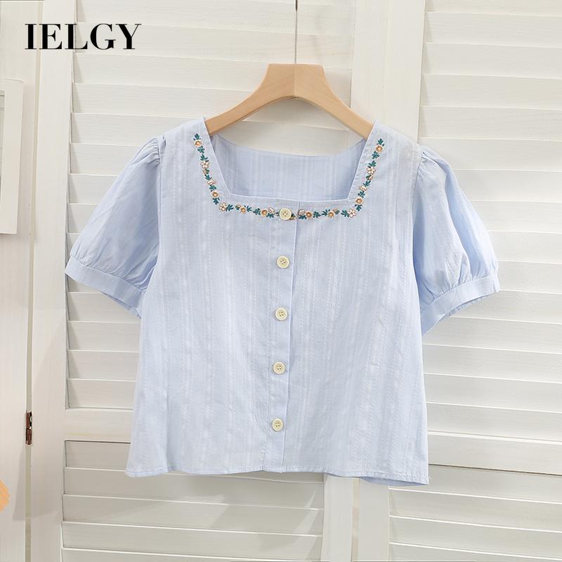 Áo sơ mi IELGY ngắn tay cổ vuông họa tiết kẻ sọc phong cách retro cho nữ