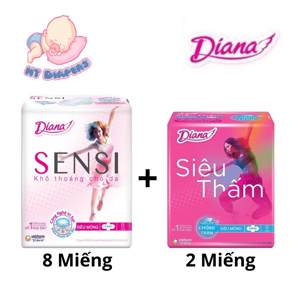 Combo 8 miếng Băng Vệ Sinh Sensi Siêu Mỏng Cánh + 2 Miếng Diana Siêu Mỏng Cánh