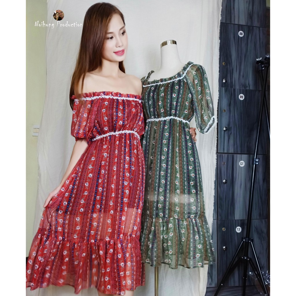 ĐẦM VÁY MAXI VINTAGE HỌA TIẾT HOA ĐUÔI CÁ DÁNG DÀI XÒE TRỄ BẸT HỞ VAI CỔ CHỮ U ĐẸP XỊN RẺ TEEN TRẺ TRUNG BIGSIZE M L XL