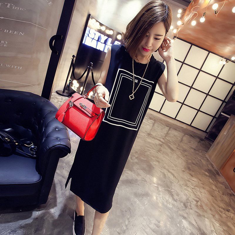 [Baywellfashion]Đầm thun không tay cổ tròn dáng rộng in họa tiết đơn giản dành cho nữ