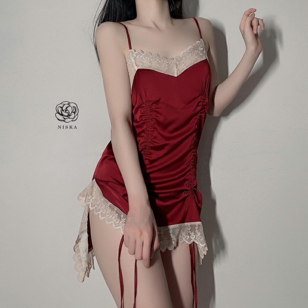 Đầm ngủ satin phối ren (có 3 màu) - Mã D256