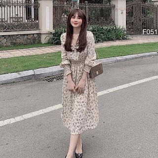 Đầm xòe hoa nhí chun eo cổ tim tay dài bo!