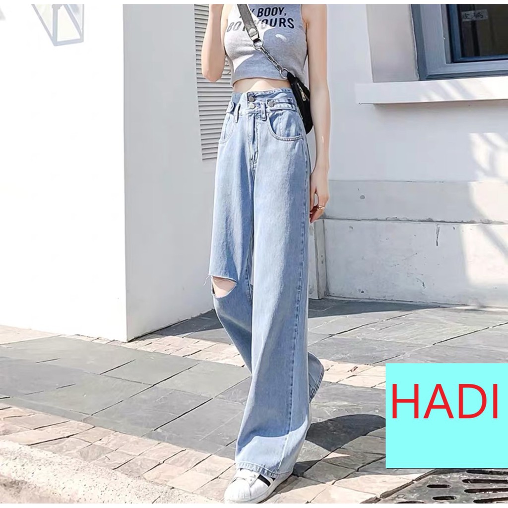 QUẦN JEAN ỐNG RỘNG NỮ LƯNG CAO MÀU XANH NHẠT 2 NÚT PHỐI 2 ĐAI CAO CẤP HADI RÁCH GỐI PHẢI