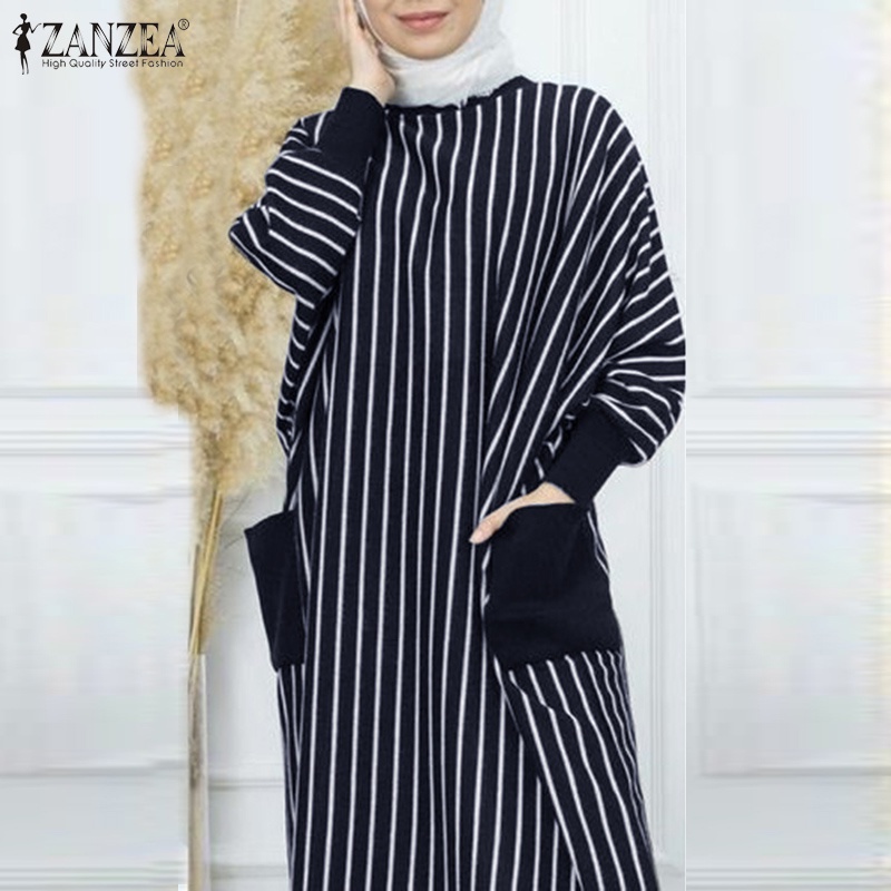 ZANZEA Set Áo Tay Dài Kẻ Sọc Và Quần Dài Lưng Thun Thời Trang Cho Phụ Nữ Hồi Giáo