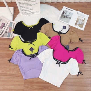 Áo thun croptop cổ nơ tay phồng