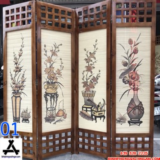 Bình phong khung gỗ tự nhiên nền mành