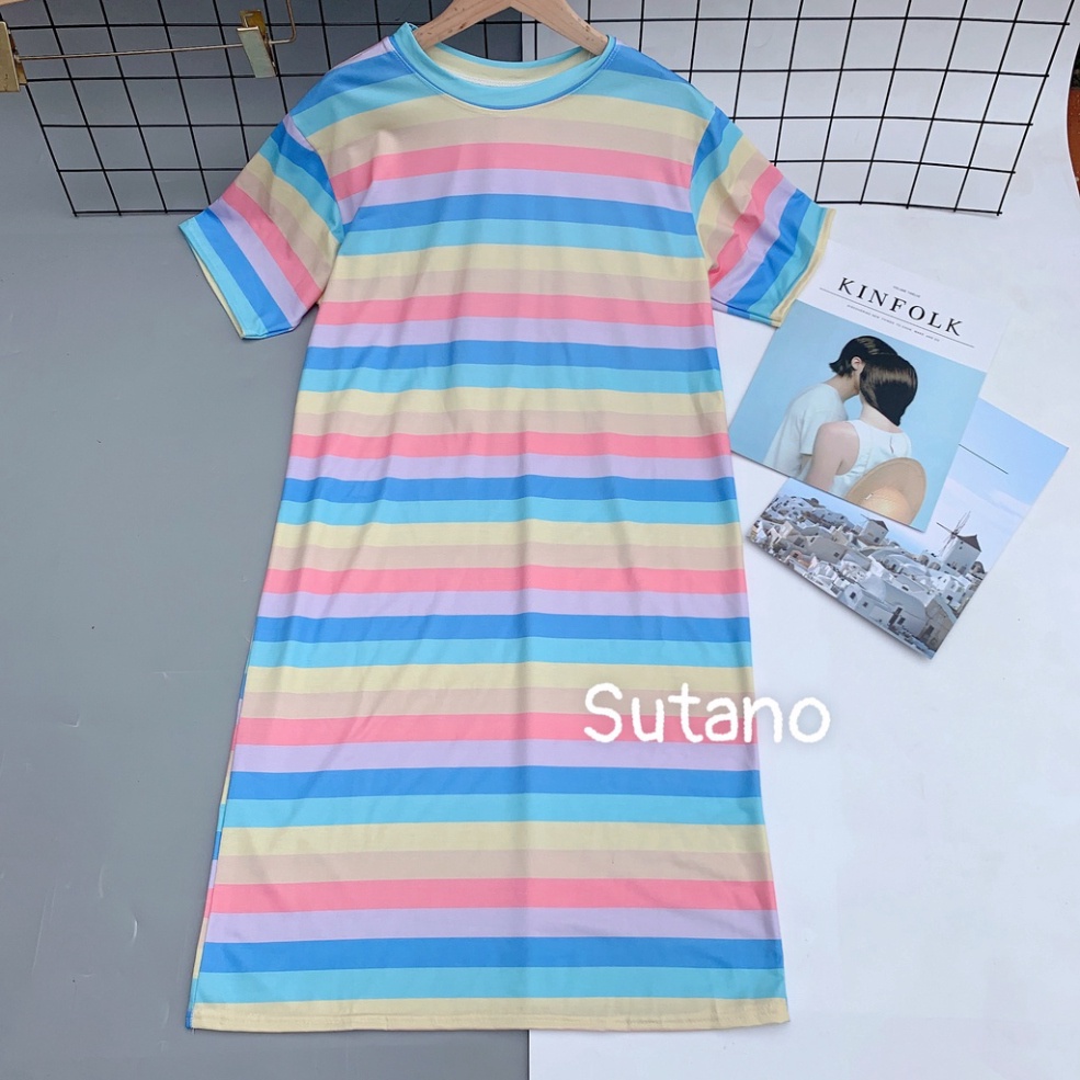Váy xuông nữ dài cộc tay in hình 3D dễ thương mặc nhà-đi chơi-đi biển chất cotton thoáng mát V587 Nội y xanh